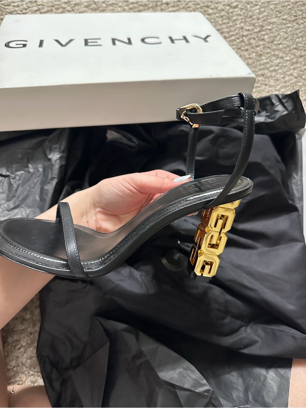 Givenchy Black Leather Sandal with Gold Logo-Block Heel